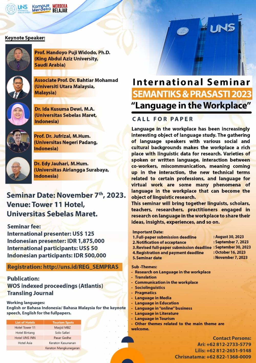 International Seminar SEMANTIKS & PRASASTI 2023 Theme: Language in the Workplace